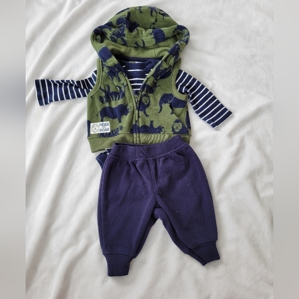 Just One You "Hear me Roar" fleece hooded vest safari animal 3pc outfit Newborn